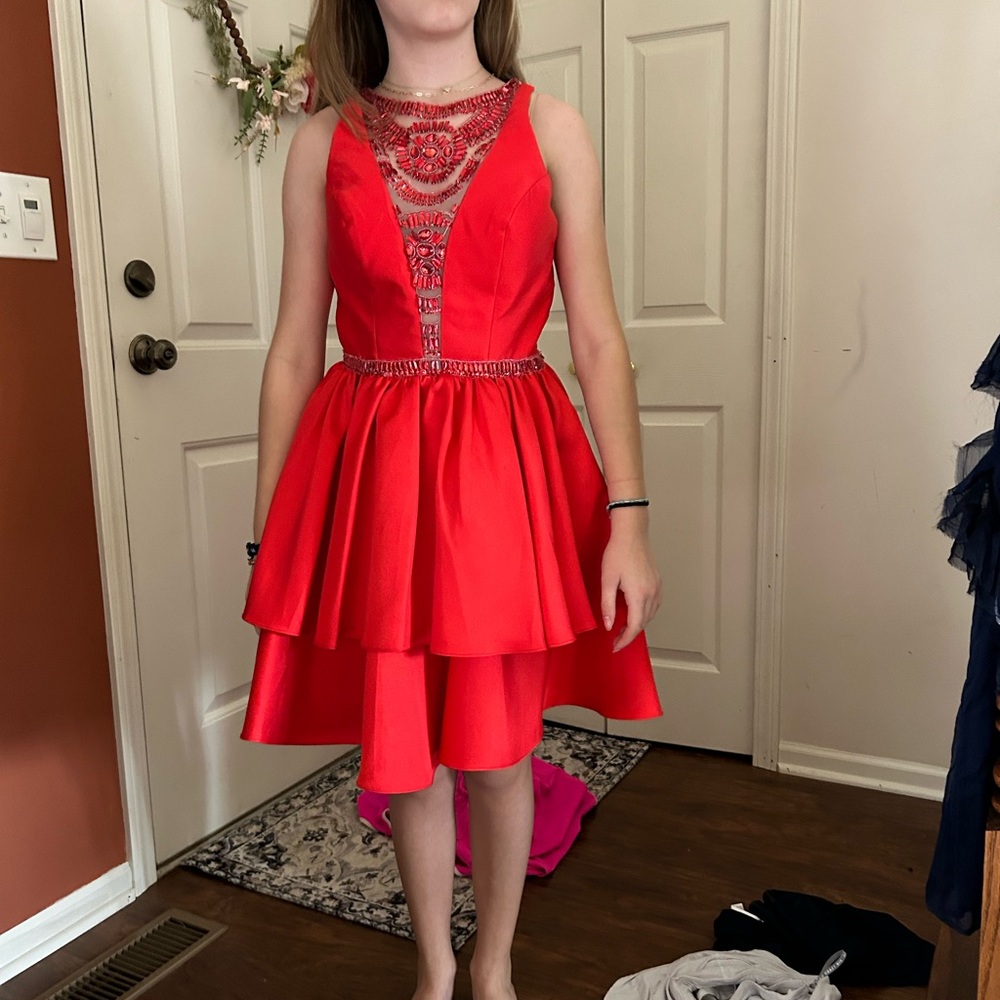 Rachel Allan Red Fit and Flare Prom Dress Sleeveless V-neck